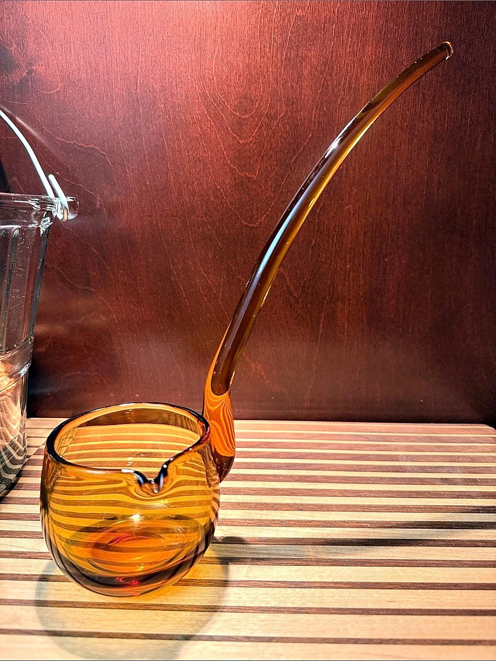 Vintage 1970s Amber Striped Glass Pouring Vessel Hand Blown Punch Bowl Ladle